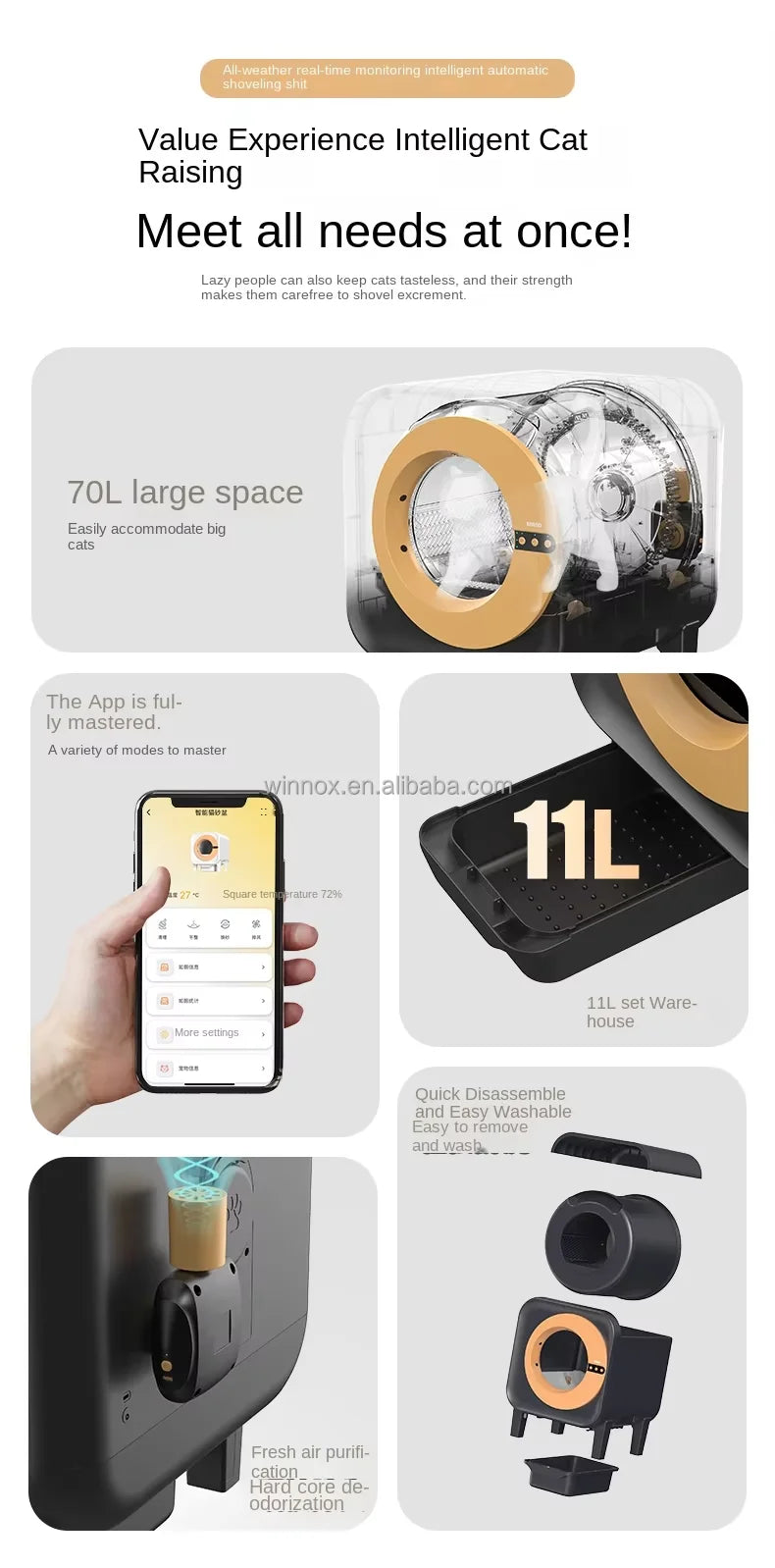 Mascotas accesorios Extra Large Smart Cat toilet Low Noise Automatic Cleaning Cat Litter Box with App Remote Control