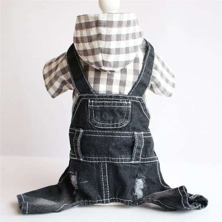 Spring Pet Dog Jumpsuit Denim Overalls for Dogs Plaid Jeans Jacket Pants Suit Onesies Small Dog Clothes Yorkie Chihuahua Apparel