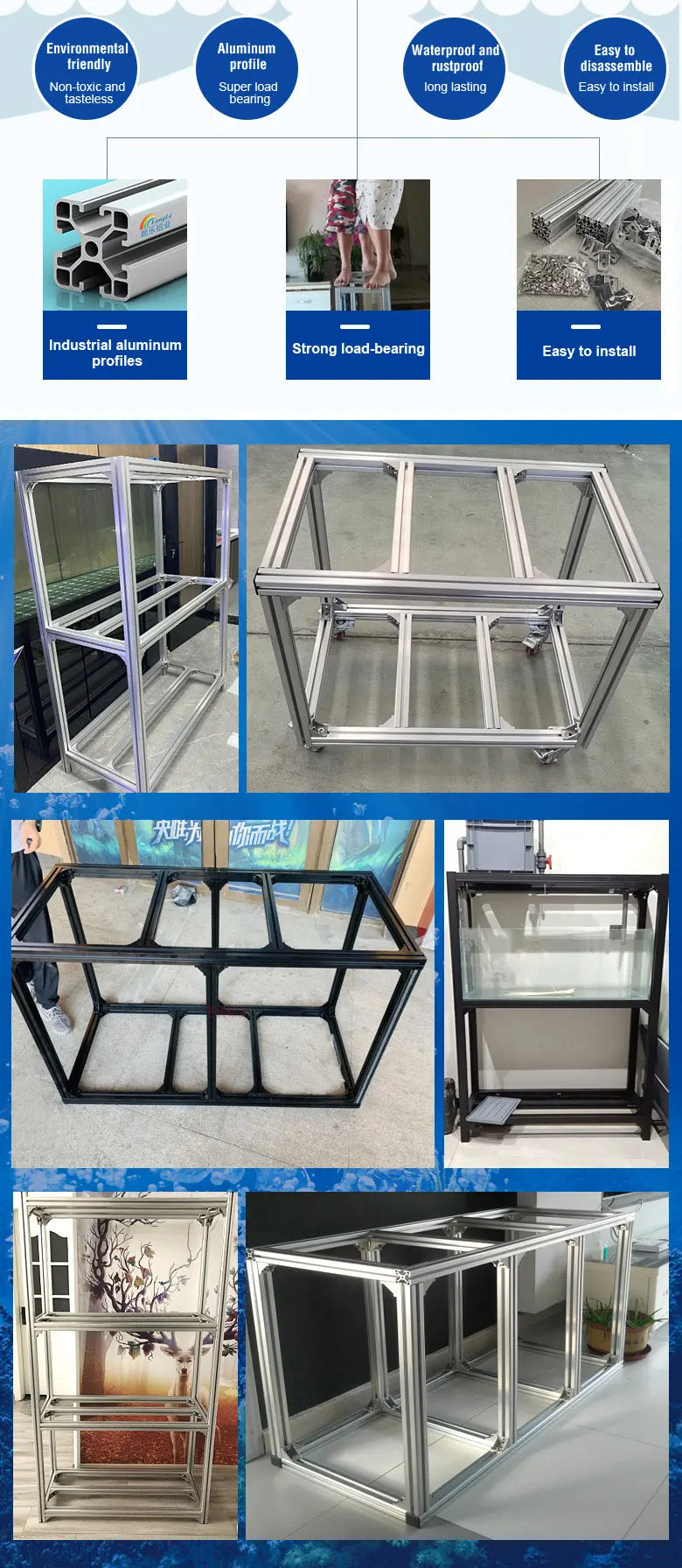 Aluminum fish tank 1000 gallon tank professional customizable glass aquarium black silver acrylic frame aquariums & accessories