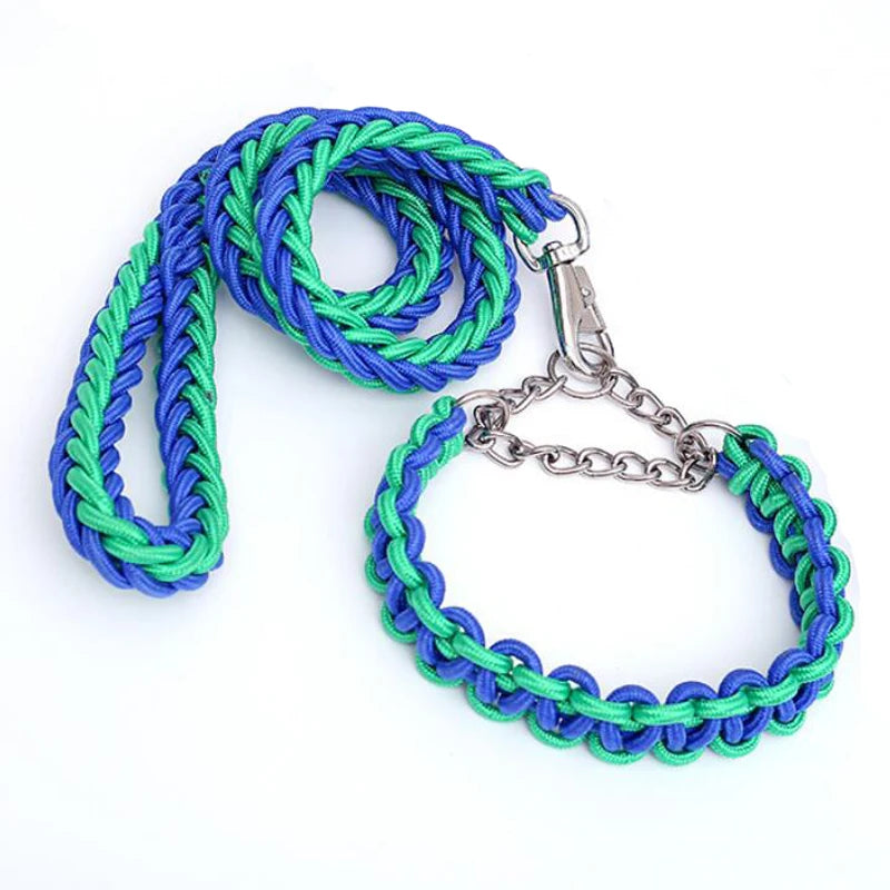 Heavy Duty Pet Dog Collar Leash Set Adjustable Obedience P Chain Collar Nylon Dog Leash Strap Lead Rope for Medium Large Dogs