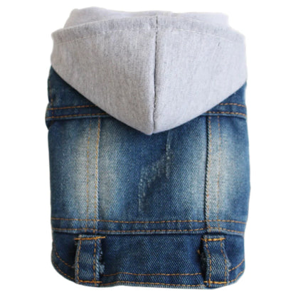 Sleeveless Denim Dog Jacket - Dark Wash, Puppy Hooded Jeans Coat Spring Summer Dog Clothes for Small Medium Dogs Bulldog Yorkie