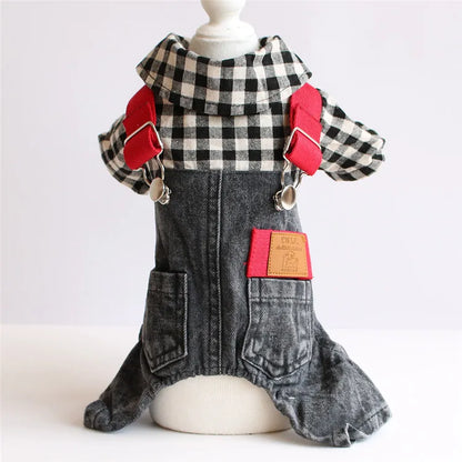 Spring Pet Dog Jumpsuit Denim Overalls for Dogs Plaid Jeans Jacket Pants Suit Onesies Small Dog Clothes Yorkie Chihuahua Apparel
