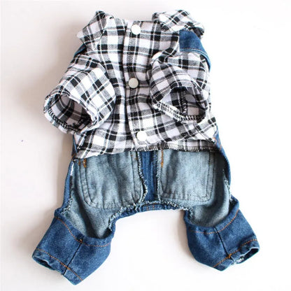 Spring Pet Dog Jumpsuit Denim Overalls for Dogs Plaid Jeans Jacket Pants Suit Onesies Small Dog Clothes Yorkie Chihuahua Apparel