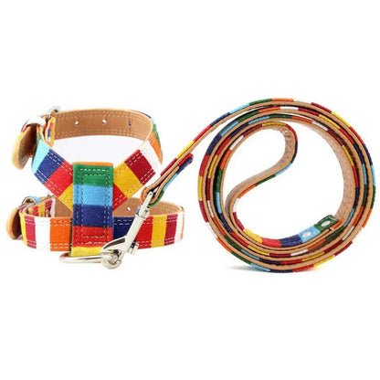 Rainbow Color Pet Dogs Collar Harness Set 120cm Puppy Leash Outdoor Walking Exercise Dogs Supplies PU Anti-Escape Cat Collars