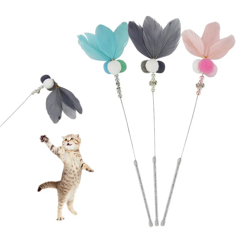 Creative Cat Toy Natural Feather Elasticity Pole Kitten Fishing Funny Cat Hairball With Bell Interactive Stick Fast Shipping