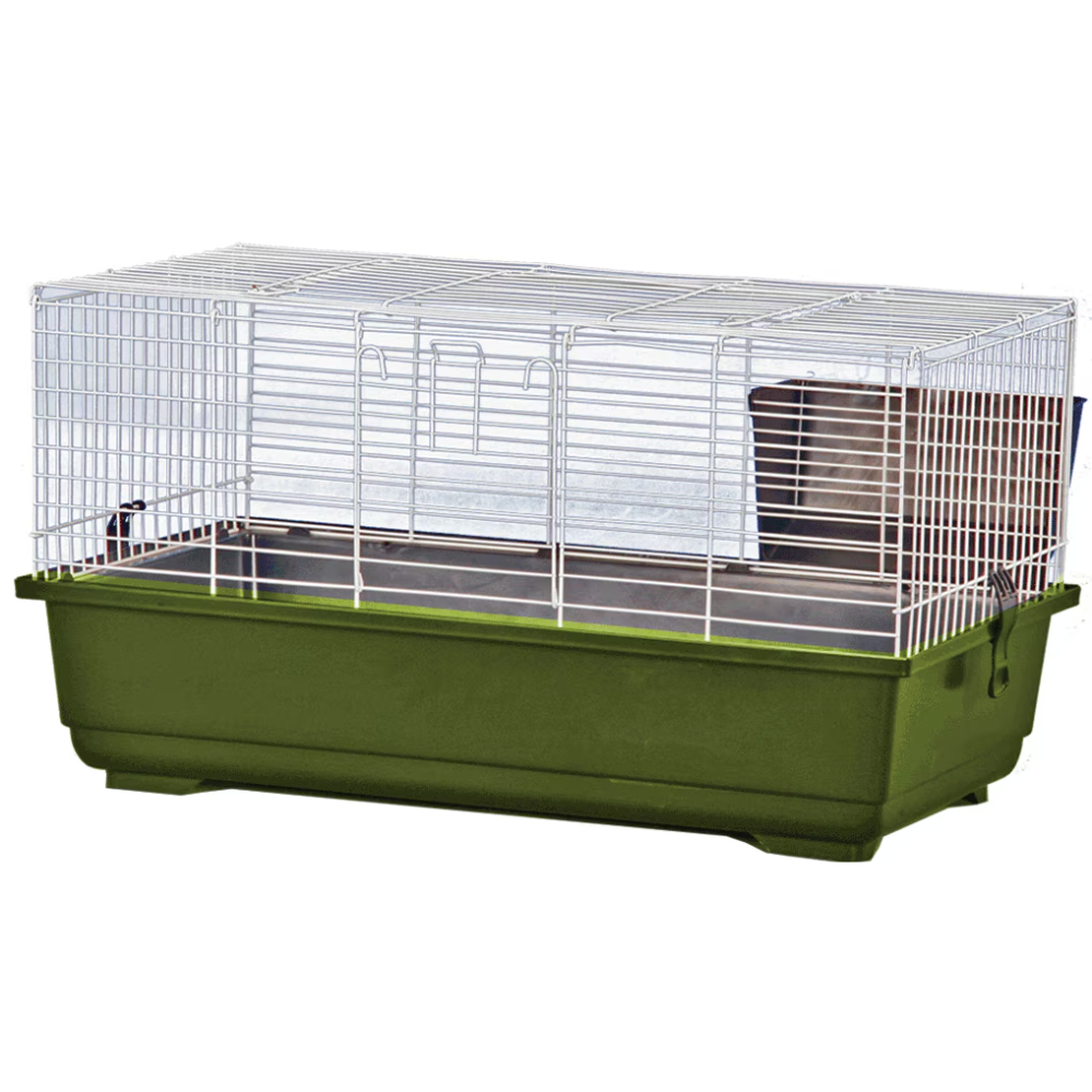 Whiskers Way | A green and white wire cage with a solid base, suitable for small pets.
