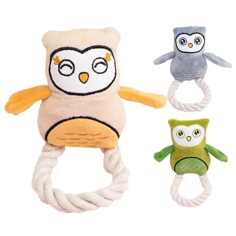 Dog Squeak Toys Owl Design Stuffed Dog Toys Durable Rope Plush Chew Fetch Brain Stimulating Toy Squeaky Pet Interactive Toy