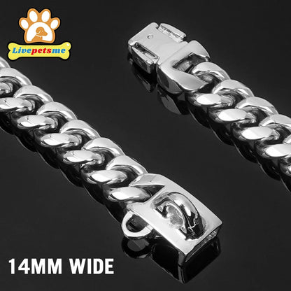 Strong Stainless Steel Dog Collar Choke with Safety Buckle Lock Golden Cuban Link Chain Metal Necklace Training Collar for Pets