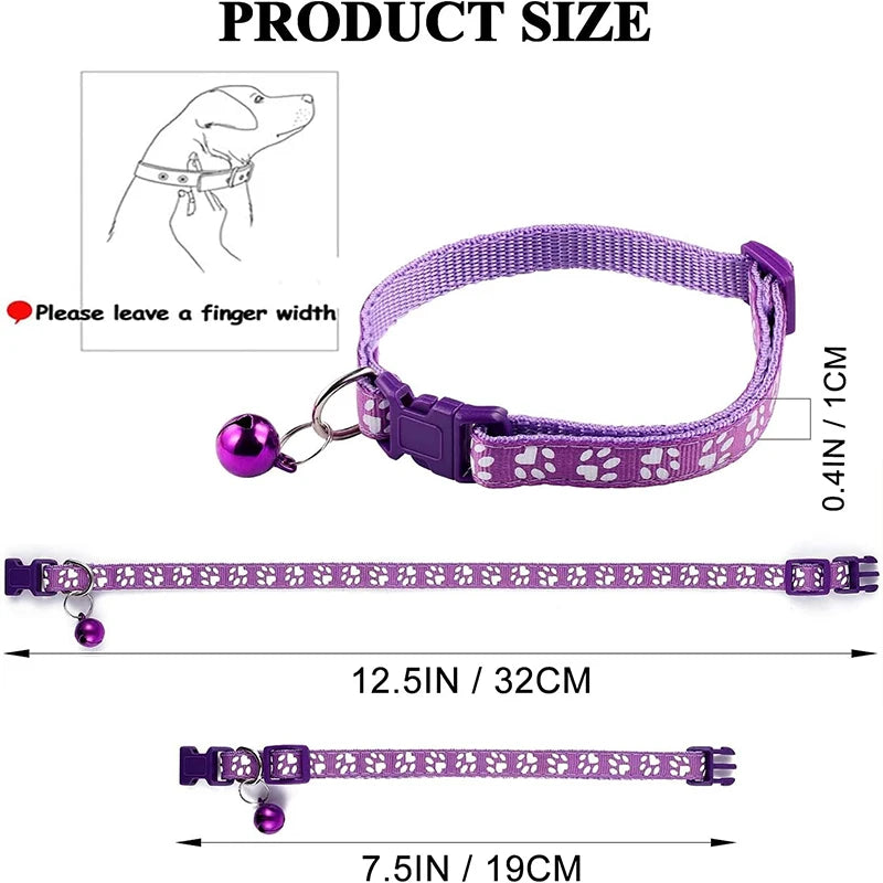 1pcs Pet Collar with Bell for Kitten  Puppie Small Animal Adjustable Nylon Collar with Cute Paw Print Pattern Guinea Pig Collar