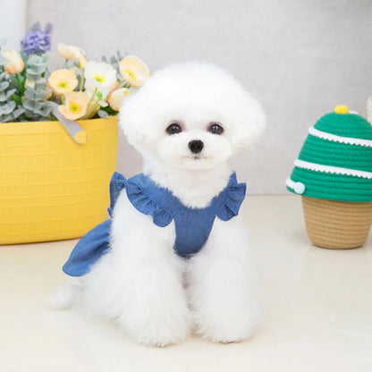Dog Dress for Small Dogs Girl Clothes Dog Denim Dress Puppy Skirts Summer Pet Dress with Harness Hole for Small Medium Dogs Cats