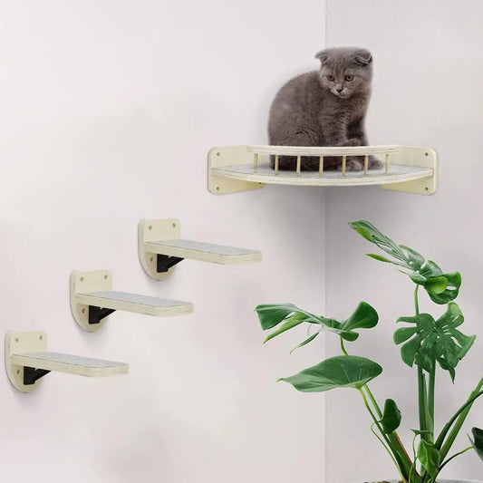 4 Pieces Wall Mounted Cat Climbing Shelves Set Wooden Platform Corner of Wall with Cat Small Jumping Platform Kitty Playing