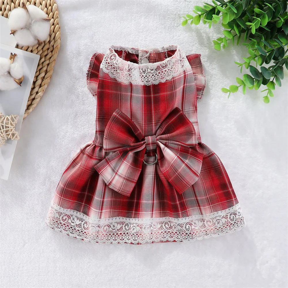 Plaid Dog Dress Bowtie Harness Dress for Small Dogs Cats Girl Cute Lace Trim Princess Dresses Spring Summer Puppy Rabbit Clothes