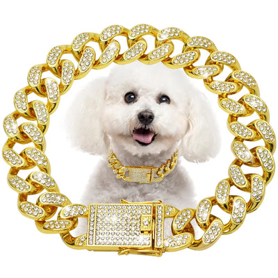 Dog Chain Diamond Cuban Collar,with Design Secure Buckle,Walking Metal Chain Collar,Pet Cat Cuban Collar Jewelry Accessories