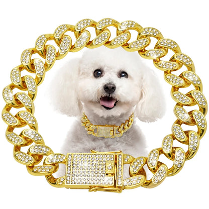 Dog Chain Diamond Cuban Collar,with Design Secure Buckle,Walking Metal Chain Collar,Pet Cat Cuban Collar Jewelry Accessories