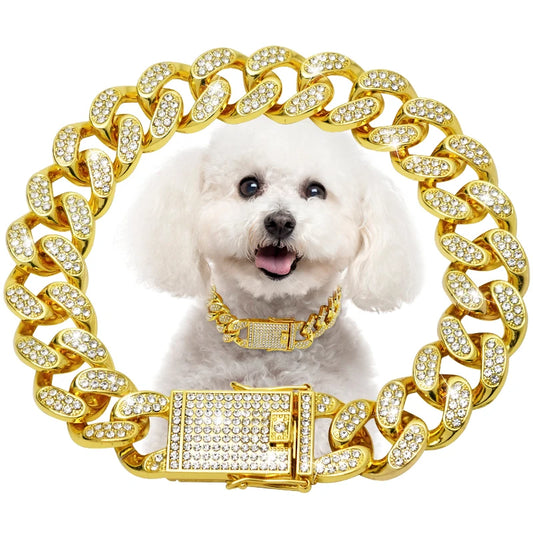 Dog Chain Diamond Cuban Collar,with Design Secure Buckle,Walking Metal Chain Collar,Pet Cat Cuban Collar Jewelry Accessories