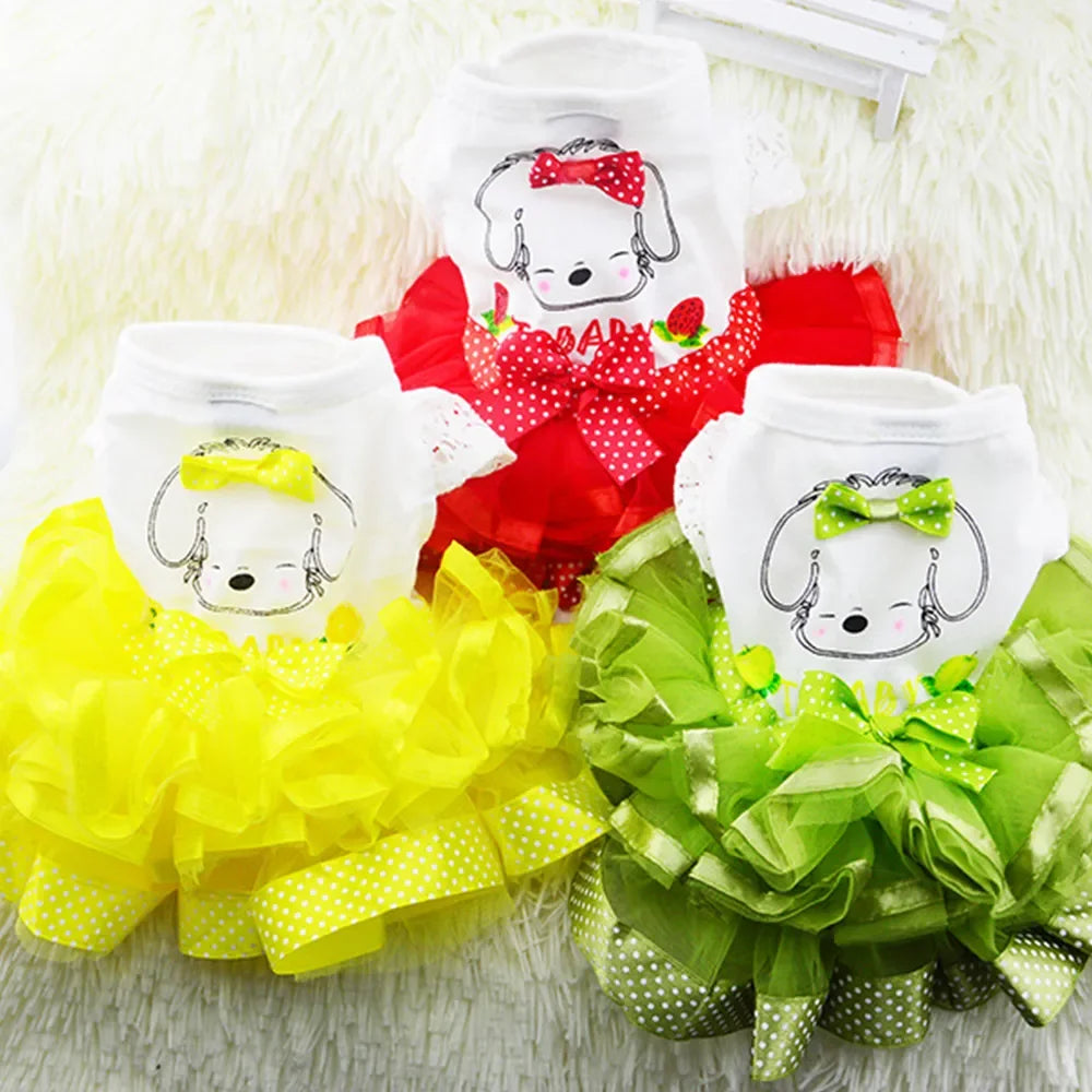 Cute Lace Princess Dog Tutu With Bow - Red, Yellow, Green