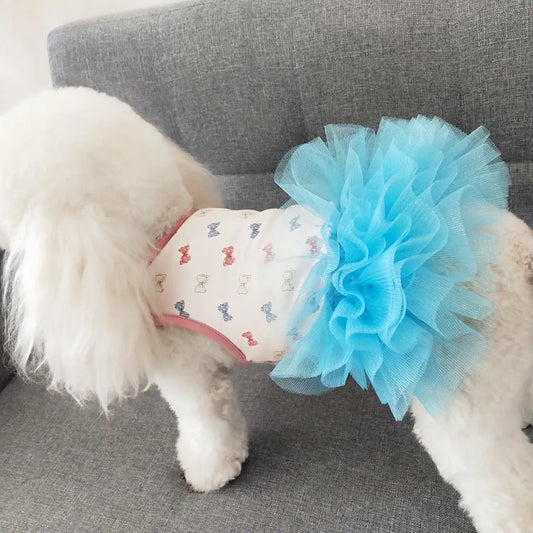 2024 Hot Pet Summer Tutu Skirt Bow Printed Mesh Fashion Petticoat Skirt Small Dog costume Teddy Summer Two Legged Clothes Thin