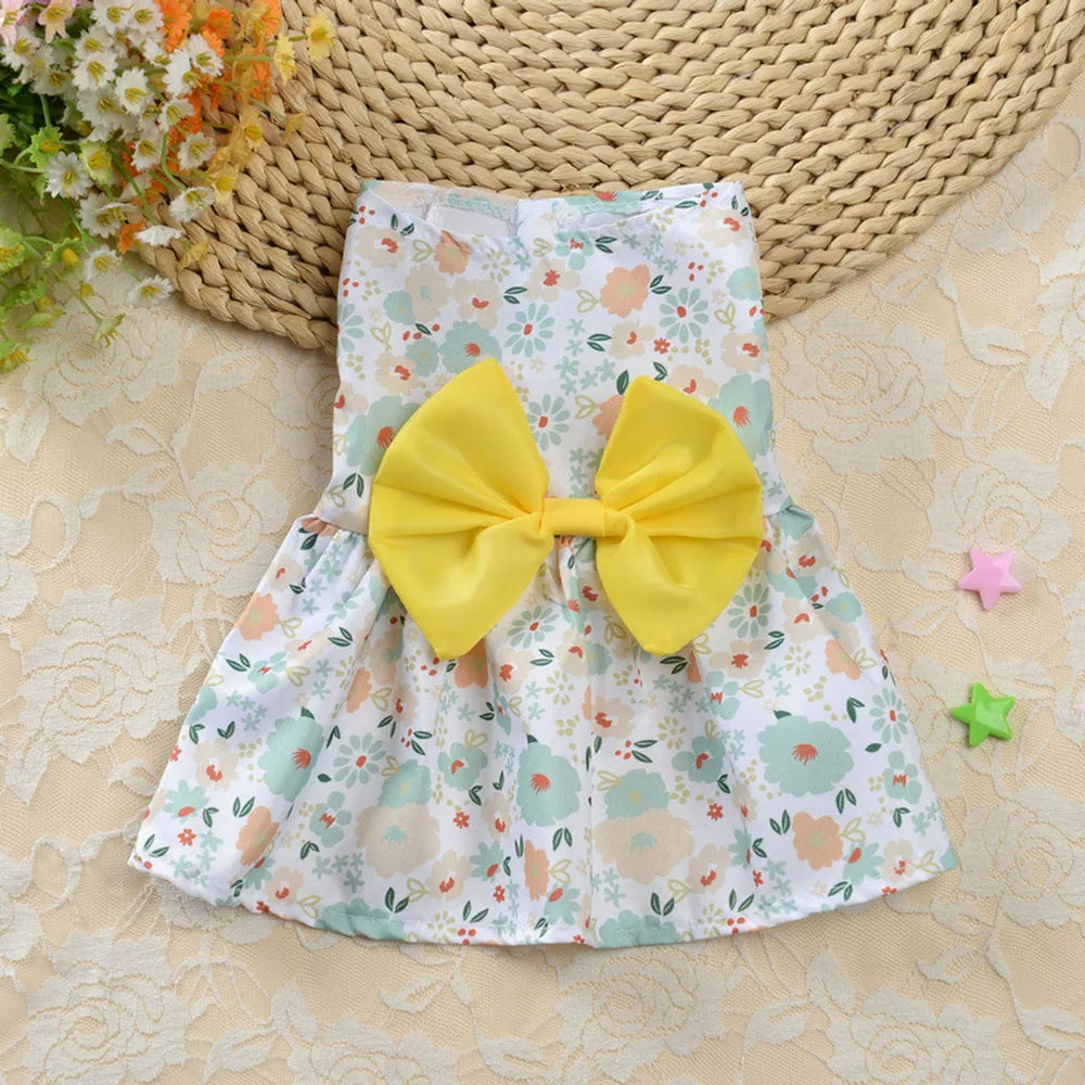 Dog Princess Dress Cute Print Puppy Dresses with Bowknot Sweet Cat Skirt Summer Thin Pet Wedding Party Chihuahua Doggies Clothes