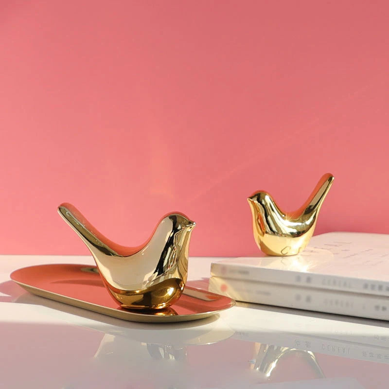 Gold Ceramic Bird Figurines Home Decoration Accessories Golden Bird Figures Fashion Wedding Ornaments Room Decor