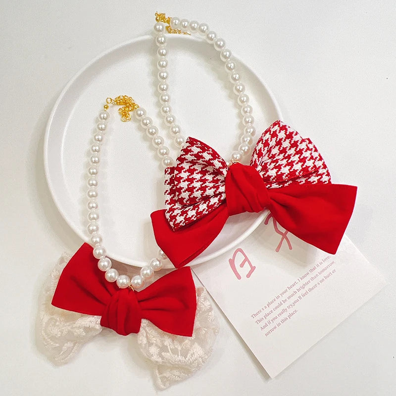 Pearl Chain Pet Dog Necklace Christmas Red Bow Tie Neck Accessories for Small Medium Puppy Romantic Lace Adjust Cat Accessories