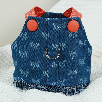 New Dog Harness and Leash Set for Small Dogs, Dark Wash Denim Puppy Dog Vest Harness Tassels Pet Jeans Butterfly Harness