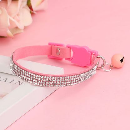 Suede Leather Cat Collar Bling Rhinestone Cats Collars with Bell Safety Breakaway Pet Puppy Necklace Adjustable XS S Pink Soft