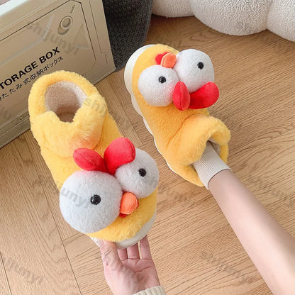 Women New Cute Cartoon Indoor Slippers Female Funny Yellow Chicken Winter Warm Fluffy Shoes Couples Home Floor Cotton Slippers