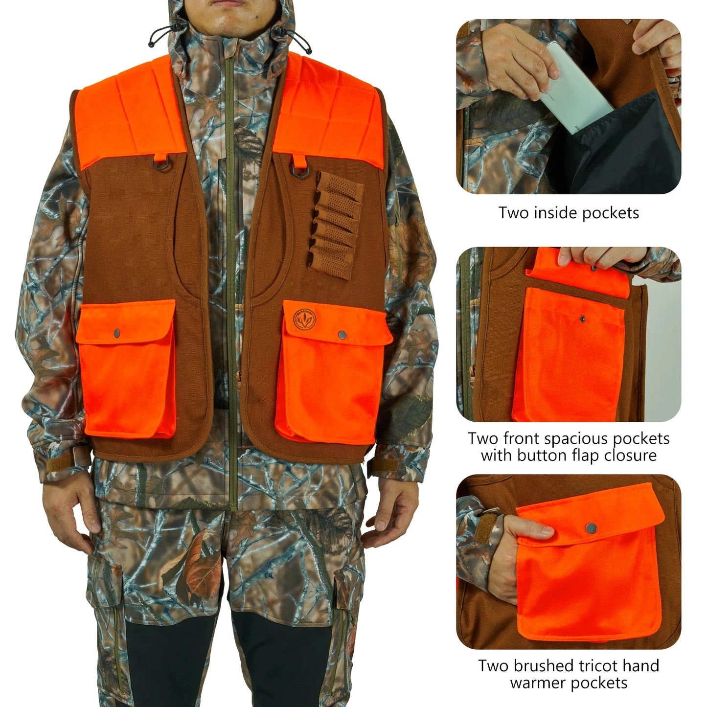 Bassdash Unisex Upland Game Field Water-Resistant Bird Hunting Vest with Multi Pockets Brown/Orange Men Women FV11
