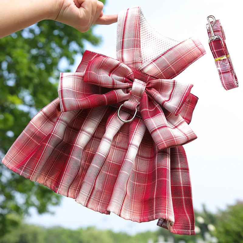 Pet Jk Plaid Dress Dog Harness and Leash Set Bow Skirt Kitten Puppy Vest Luxury Dog Clothes Chihuahua Dog Outfits Bichon Items