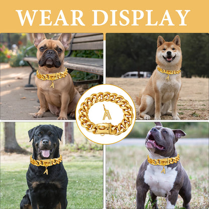 Gold Dog Chain Collar with Pendant A 15/19mm Wide Cuban Link Strong Stainless Steel Chew Proof Collar for Small Medium Large Dog