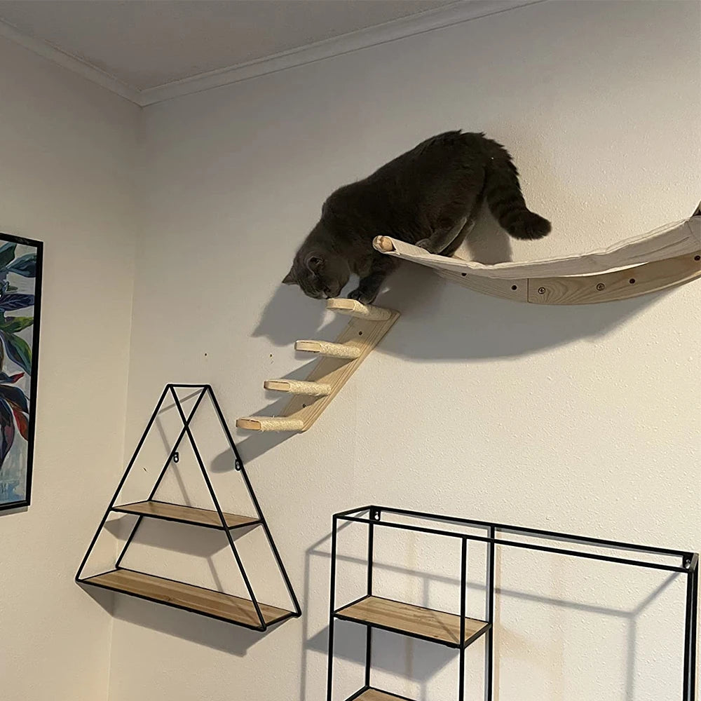 Wall-mounted Cat Climbing Frame Hammock Sisal Four-step Cat Stairs Grab Post Platform Cat Sleeping Activities Indoor Furniture