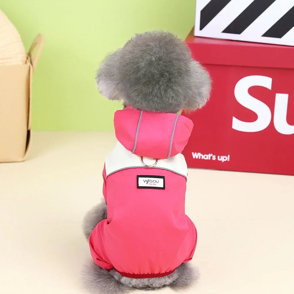 Waterproof Dog Jumpsuit with Hooded Four Legs Small Dog Raincoat Waterproof Puppy Clothes Reflective Doggy Rain Coat Pet Costume