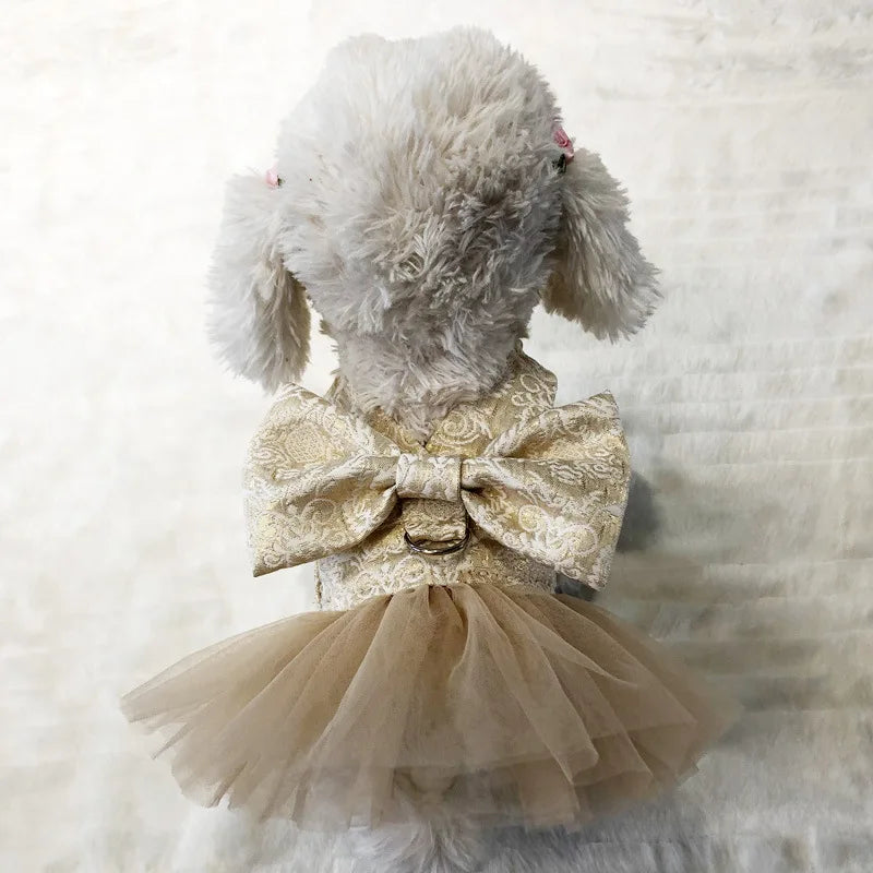 Luxury Embroidery Tulle Dog Dress for Small Medium Dogs Cats, Gold Pet Dress with Bowknot Chihuahua Pomeranian Summer Clothes