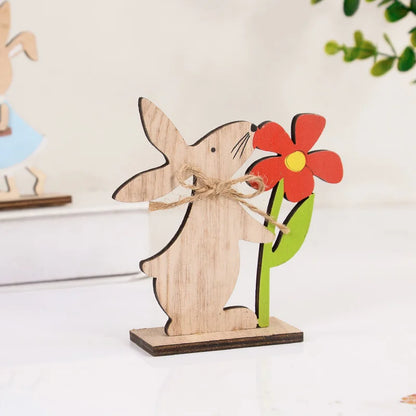 2025 Easter Wooden Rabbit Ornaments Standing Bunny with Flower for Spring Easter Party Home Table Decoration DIY Crafts Supplies