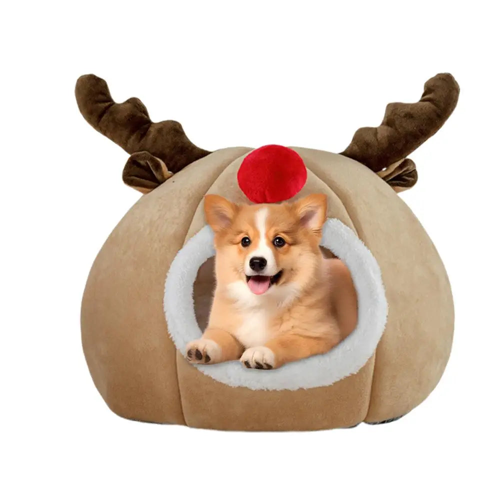 Christmas Winter Cat Cave Bed Dog Tent Christmas Reindeer Tent Washable Removable Cushion for Indoor Small Dogs And Cats