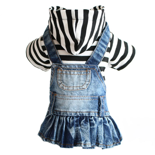 Spring Autumn Dog Clothes Dog Jeans Dress for Small Medium Dogs, Fashion Pet Denim Jacket Stripe Shirt Hooded Coat Puppy Skirts