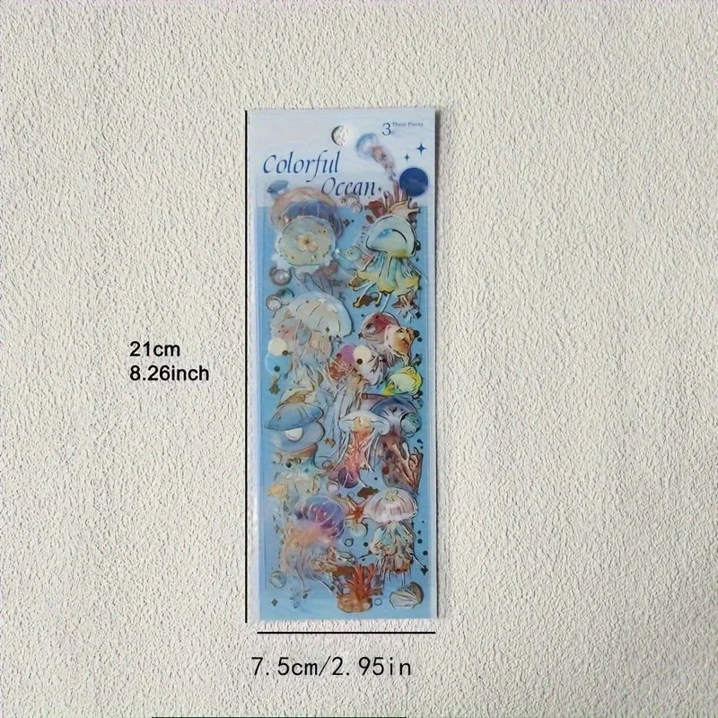 Shimmering 3D Gilding Sticker Set - Dragonfly, Jellyfish & Feather Designs - 3 Sheets/pack - Premium PET Decor for Notebooks, Sc