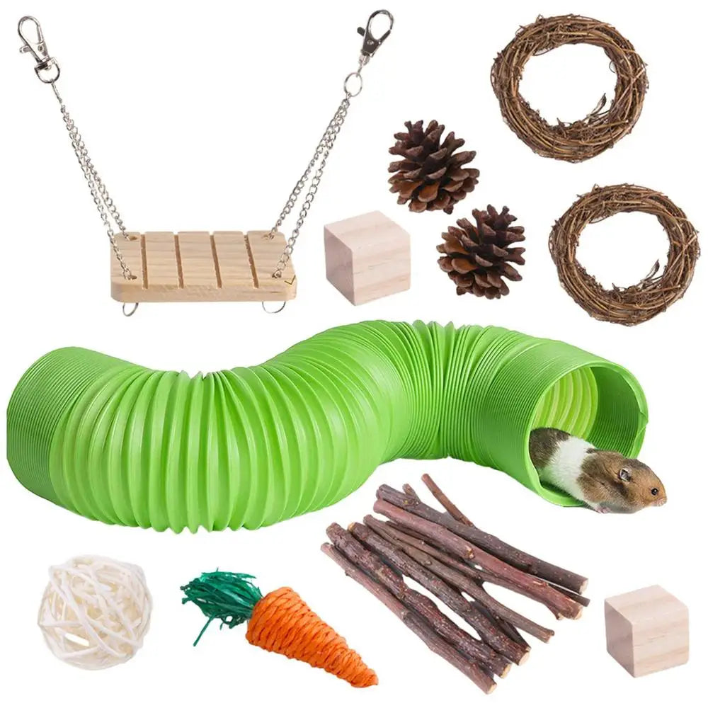 11Pcs Combination Hamsters Rabbit Toys Tunnel Set Toy Hamster Toys Set Pet Rabbit Guinea Pig Parrot Play Molar Wooden Supplies
