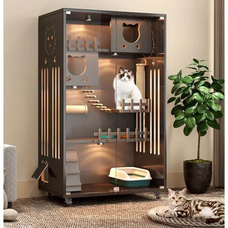 Retro Solid Wood Cat Cage for Living Room Cat House Two-layer One-piece Movable Light Luxury Creative  Cage for Cats