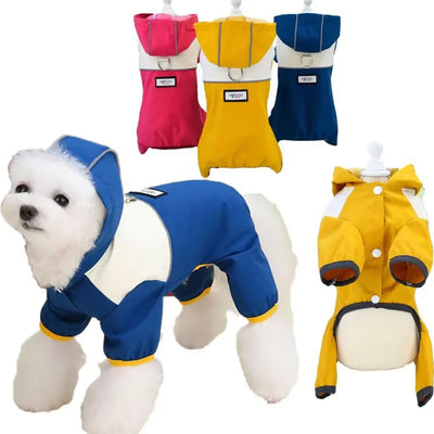 Waterproof Dog Jumpsuit with Hooded Four Legs Small Dog Raincoat Waterproof Puppy Clothes Reflective Doggy Rain Coat Pet Costume
