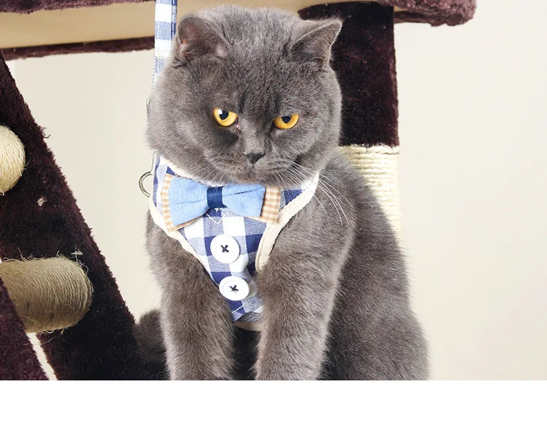 Dog Harness with Bow Plaid Cat Harness Adjustable Length Pet Harness with Dog Leash Four Colors Dog Harness and Leash Set