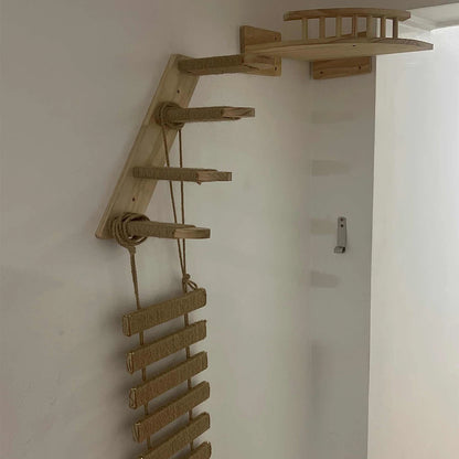 Cat Tree Cat Wall Mounted Climbing Wooden Shelves Sisal Ladders with Hammock and Cat House Cat Bridge for Kittens Perch Sleeping