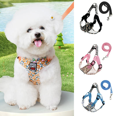 Floral Print Puppy Medium Dog Harnesses and Leash Set Reflective Pet Harness Vest for Small Dogs French Bulldog Shiba Inu Leads