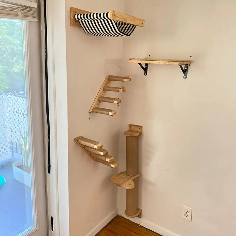 Cat Climbing Shelf Wall Mounted Cat Tree Four Step Stair Indoor Wood Scratching Post for Cat Wall Climbing Furniture Cat Hammock