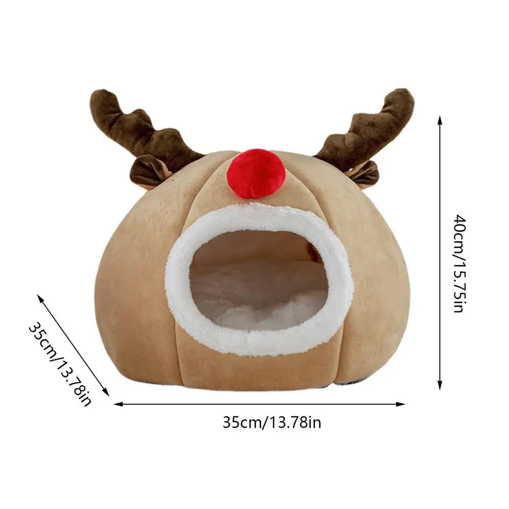 Christmas Winter Cat Cave Bed Dog Tent Christmas Reindeer Tent Washable Removable Cushion for Indoor Small Dogs And Cats