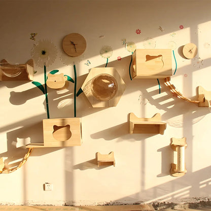 Cat Climbing Shelves Wall Mounted Cat House Wooden Cat Furniture Bridge with Protection Network for Cat & Kitten Ladders & Steps