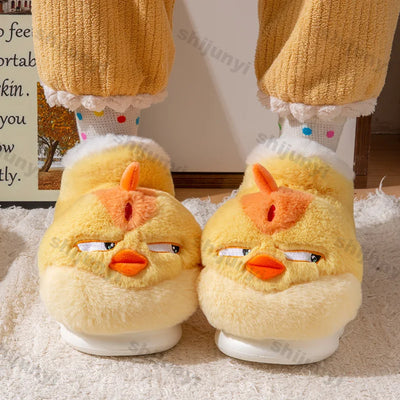 Women New Cute Cartoon Indoor Slippers Female Funny Yellow Chicken Winter Warm Fluffy Shoes Couples Home Floor Cotton Slippers
