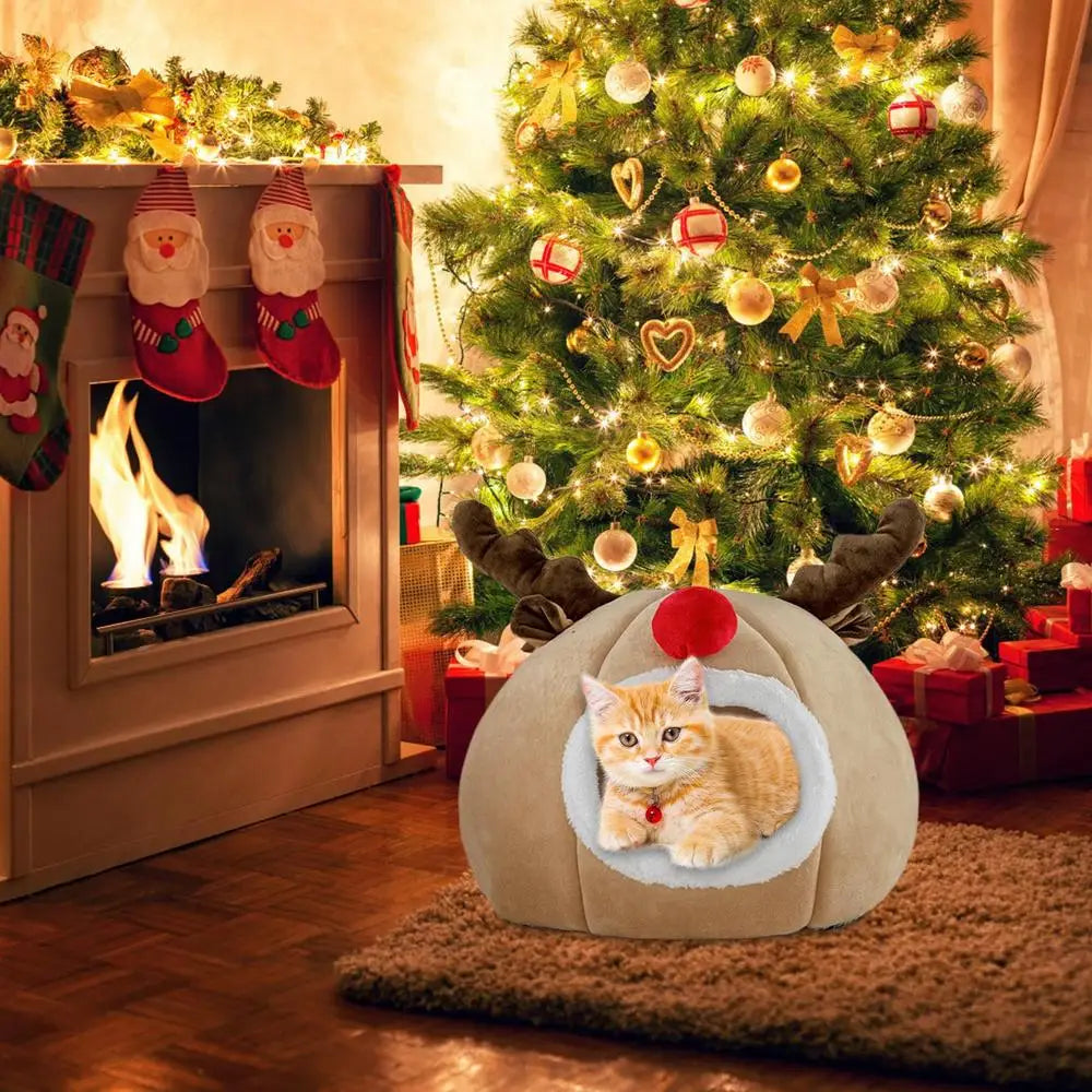 Christmas Winter Cat Cave Bed Dog Tent Christmas Reindeer Tent Washable Removable Cushion for Indoor Small Dogs And Cats