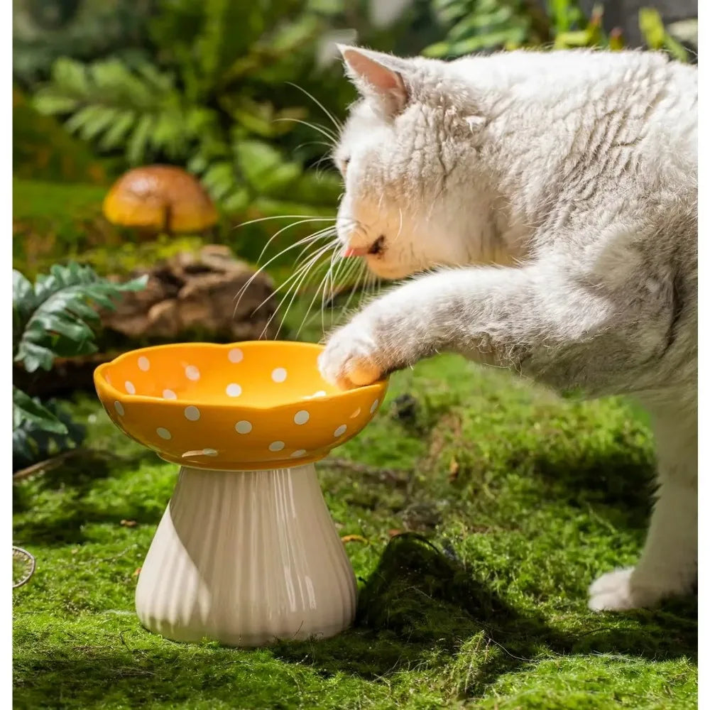 Mushroom Cat Bowl Cute Polka Dot Safe Ceramic Elevated Cat Feeder for Cats and Dogs Drinking Water Bowl Cat Feede Pet Supplies