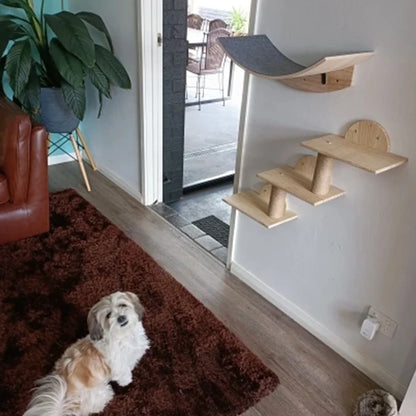 Wooden Cat Wall Hammock Perch Sisal Cat Wall Shelves Four-Step Steps Cat Scratching Post Indoor Cat Nest Tree Climber Furniture